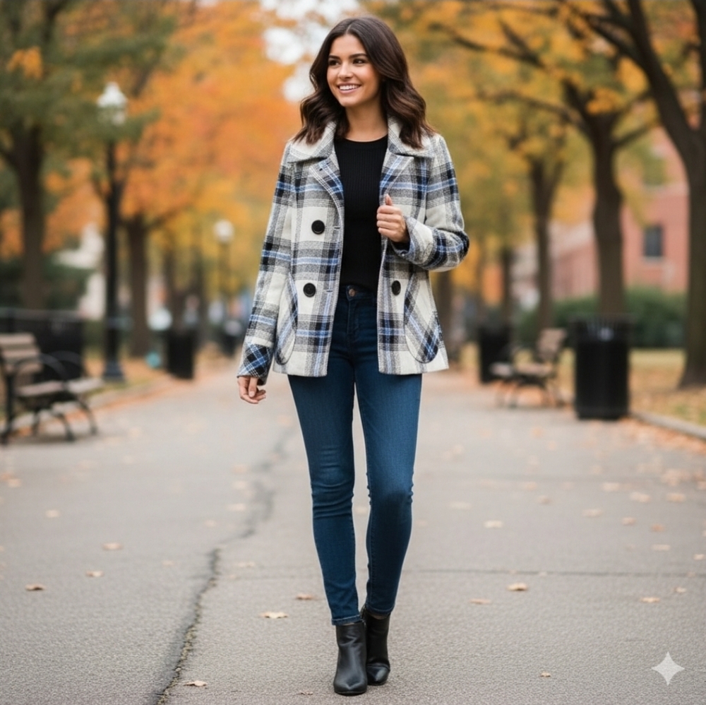 Mossimo Pea Coat Plaid Jacket Snap White Black Blue  Classic Preppy 90s Y2K‎